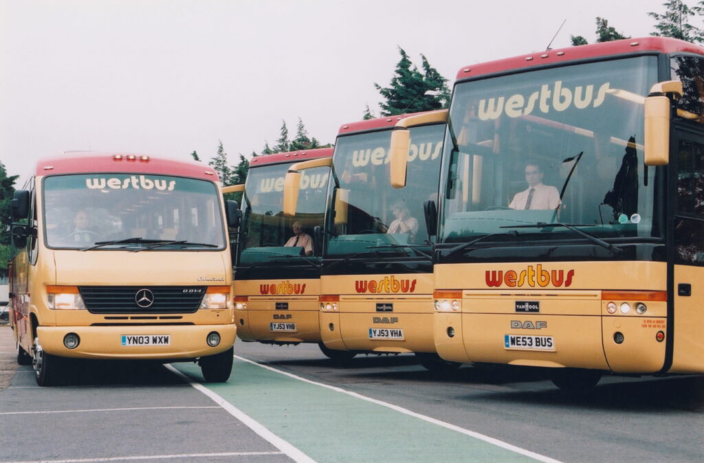 YN03 WXW, 2003 Mercedes-Benz Plaxton Cheetah, + DAF SB 3000 VanHool T9’s YJ53 VHA, YJ53 VHB, a nd WE53 BUS.